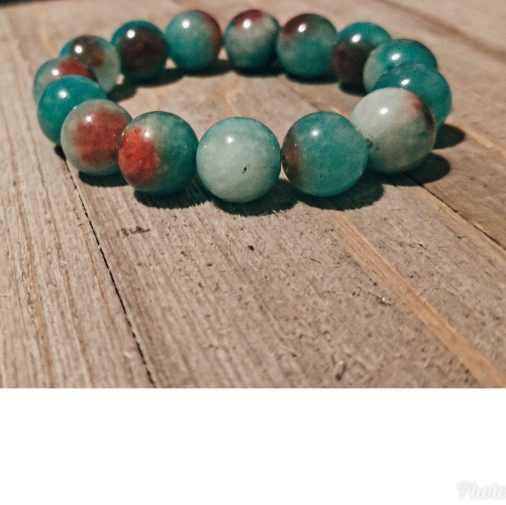12mm Jade Green and Red Beaded Bracelet